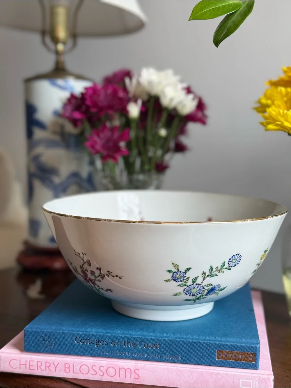 Floral Porcelain Serving Bowl in White with Multicolor Flower Motif